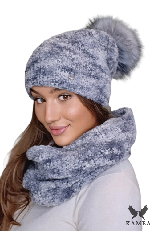Fazila-Komplet damski: czapka i komin Kamea zimowy, 50% alpaki, tuba 33 × 37 cm, kolor szary