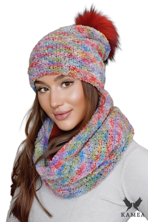 Fazila-Komplet damski: czapka i komin Kamea zimowy, 50% alpaki, tuba 33 × 37 cm, kolor wielokolorowy