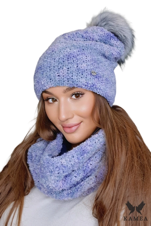 Fazila-Komplet damski: czapka i komin Kamea zimowy, 50% alpaki, tuba 33 × 37 cm, kolor melanż fioletowy