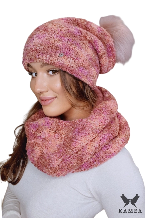Fazila-Komplet damski: czapka i komin Kamea zimowy, 50% alpaki, tuba 33 × 37 cm, kolor melanż rudy