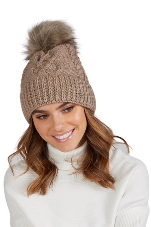 Torino czapka damska Kamea zimowa, z pomponem, z polarową podszewką, 50% wełny, rozmiar uniwersalny 54–60 cm, kolor brązowy