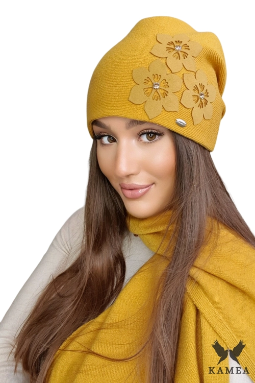 Teona czapka damska Kamea zimowa, z wełną i wiskozą, rozmiar uniwersalny 54–60 cm, kolor miodowy