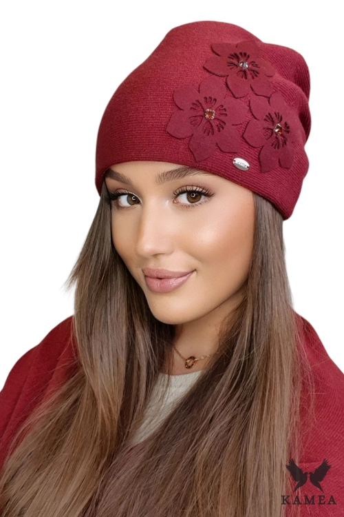 Teona czapka damska Kamea zimowa, z wełną i wiskozą, rozmiar uniwersalny 54–60 cm, kolor bordowy