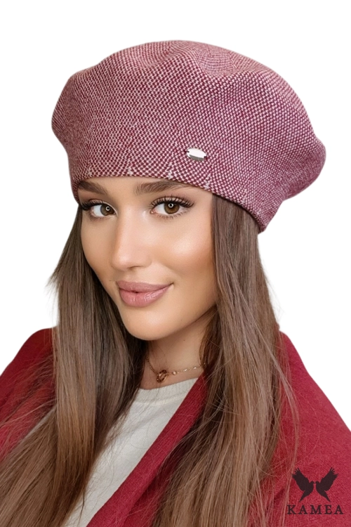 Arkadia beret damski Kamea zimowy, w pepitkę, z wełną i wiskozą, rozmiar uniwersalny 54–60 cm, kolor bordowy