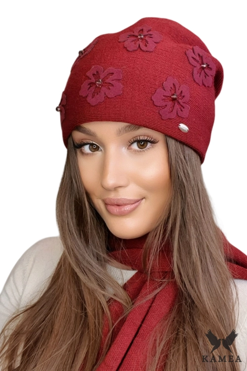 Naila czapka damska Kamea zimowa, kwiatowy motyw, z wełną, rozmiar uniwersalny 54–60 cm, kolor bordowy