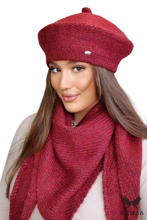 Ofelia beret damski Kamea zimowy, z polarową podszewką, z wełną merino, moherem i wiskozą, rozmiar uniwersalny 54–60 cm, kolor winny