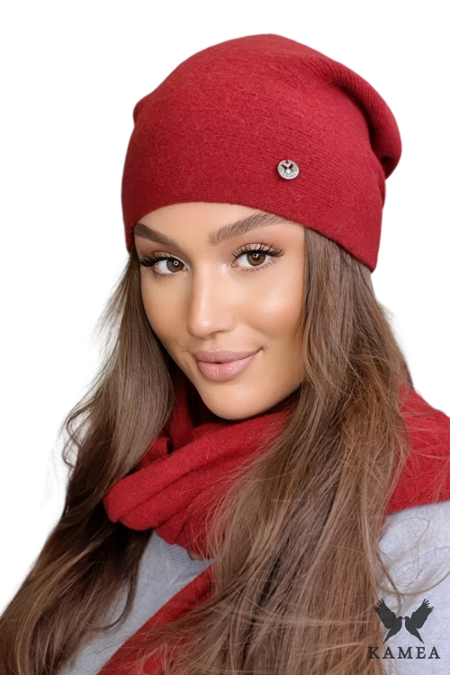 Lara-00 czapka damska Kamea zimowa, 80% wełny, rozmiar uniwersalny 54–60 cm, kolor winny