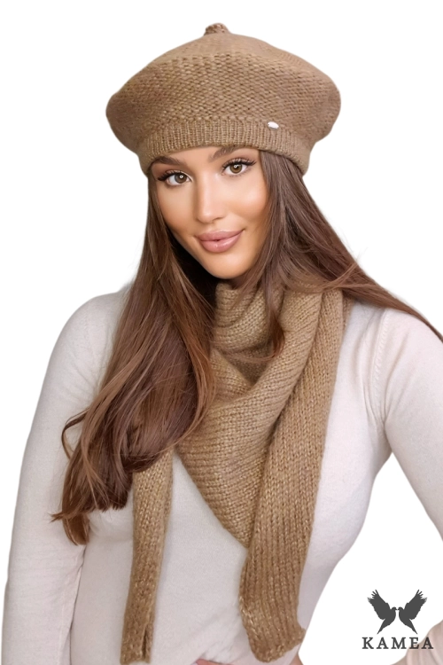 Ofelia beret damski Kamea zimowy, z polarową podszewką, z wełną merino, moherem i wiskozą, rozmiar uniwersalny 54–60 cm, kolor ciemny beżowy