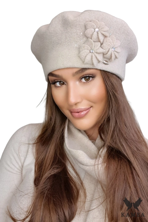 Salima beret damski Kamea zimowy, 80% wełny, rozmiar uniwersalny 54–60 cm, kolor beżowy