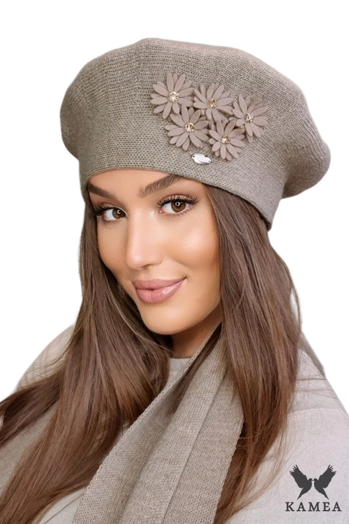 Tala beret damski Kamea zimowy, z wełną, rozmiar uniwersalny 54–60 cm, kolor ciemny beżowy