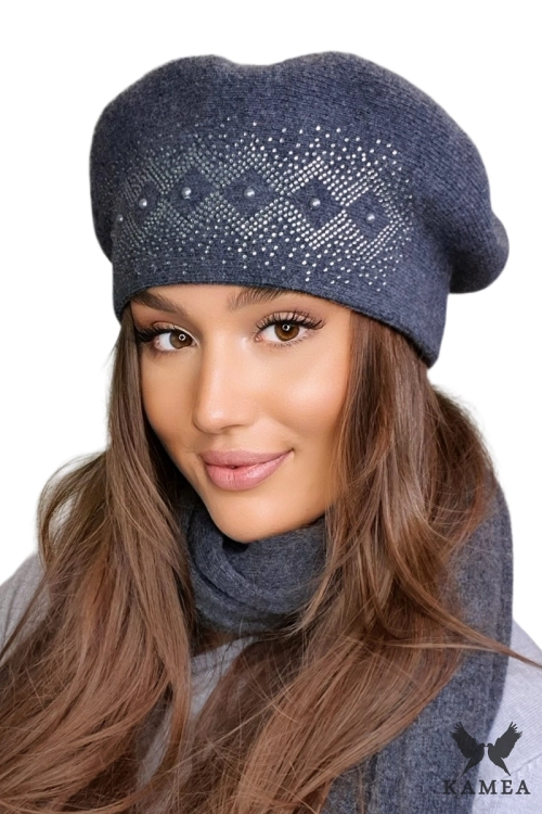 Ginger beret damski Kamea zimowy, 80% wełny, rozmiar uniwersalny 54–60 cm, kolor grafitowy