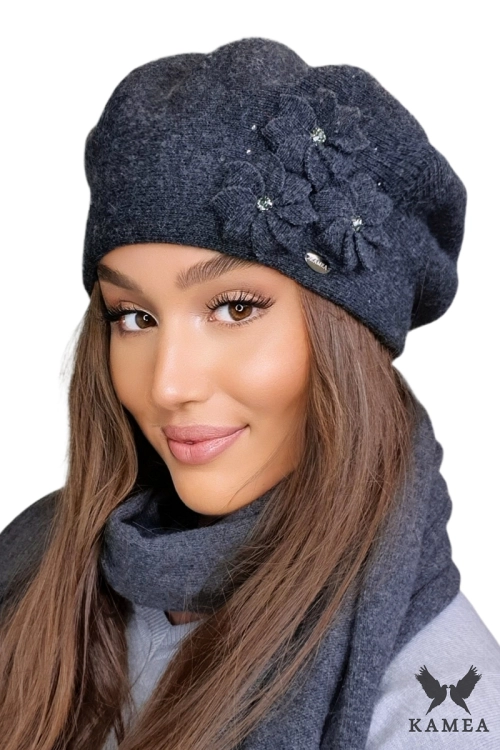 Salima beret damski Kamea zimowy, 80% wełny, rozmiar uniwersalny 54–60 cm, kolor grafitowy