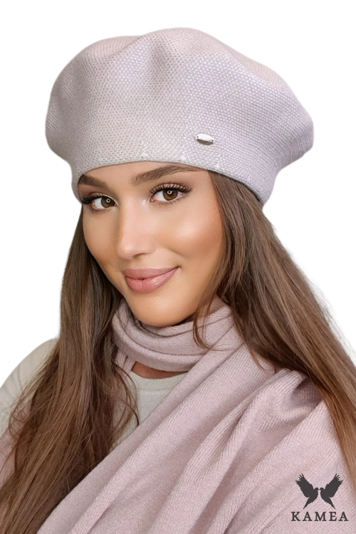 Arkadia beret damski Kamea zimowy, w pepitkę, z wełną i wiskozą, rozmiar uniwersalny 54–60 cm, kolor różowy