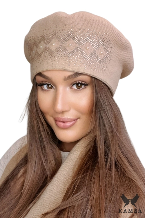 Ginger beret damski Kamea zimowy, 80% wełny, rozmiar uniwersalny 54–60 cm, kolor camel
