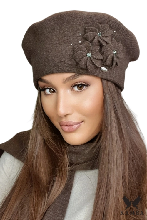 Salima beret damski Kamea zimowy, 80% wełny, rozmiar uniwersalny 54–60 cm, kolor brązowy