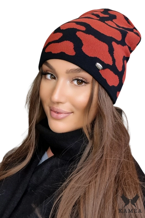 Hasna czapka damska Kamea zimowa, 97% wiskozy, rozmiar uniwersalny 54–60 cm, kolor czarny i rudy