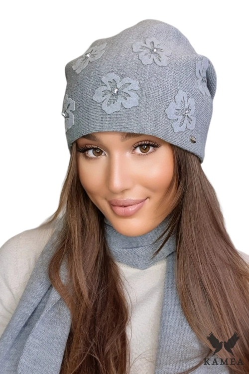 Naila czapka damska Kamea zimowa, kwiatowy motyw, z wełną, rozmiar uniwersalny 54–60 cm, kolor szary