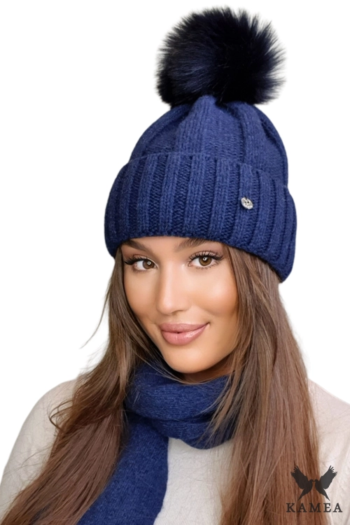 Karima czapka damska Kamea zimowa, 80% wełny, rozmiar uniwersalny 54–60 cm, kolor granatowy