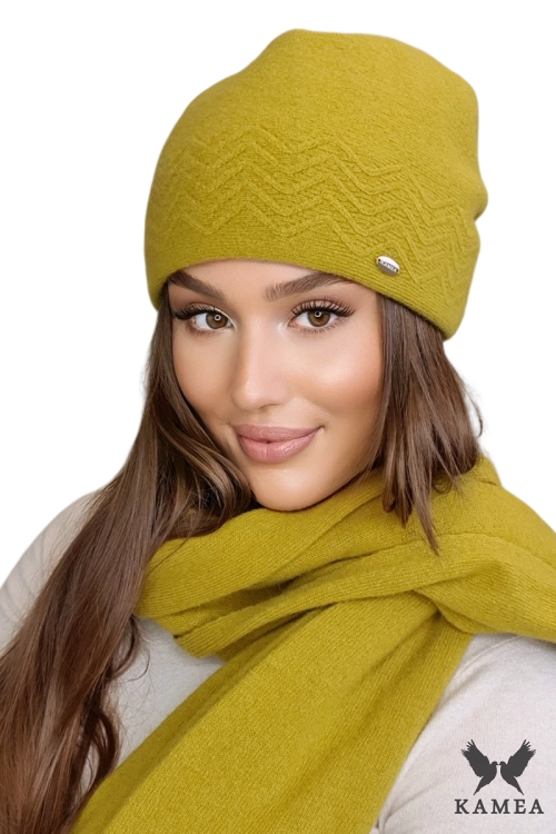 Hana czapka damska Kamea zimowa, 80% wełny, rozmiar uniwersalny 54–60 cm, kolor limonkowy