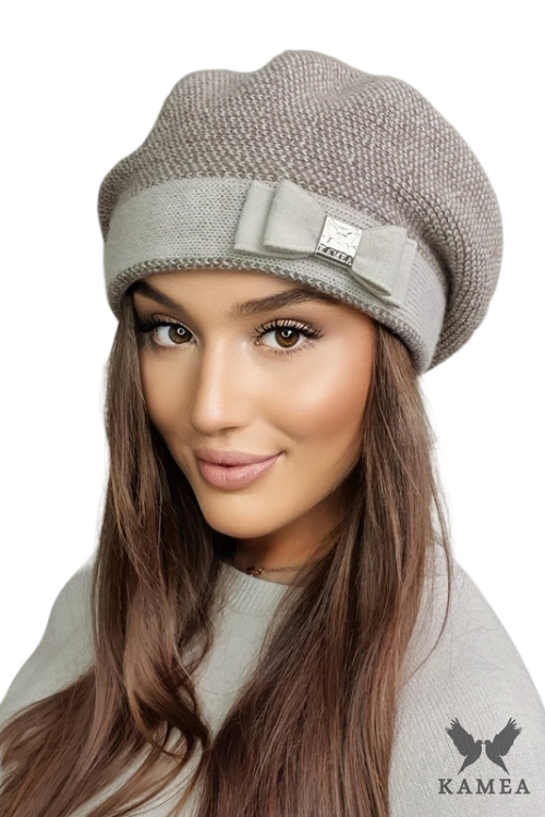Tiona Beret damski Kamea zimowy, z kokardą, 80% wełny, rozmiar uniwersalny 54–60 cm, kolor beżowy