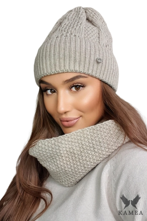 Safona-Komplet damski: czapka i komin Kamea zimowy, z wełną, ósemka 70 × 30 cm, kolor beżowy