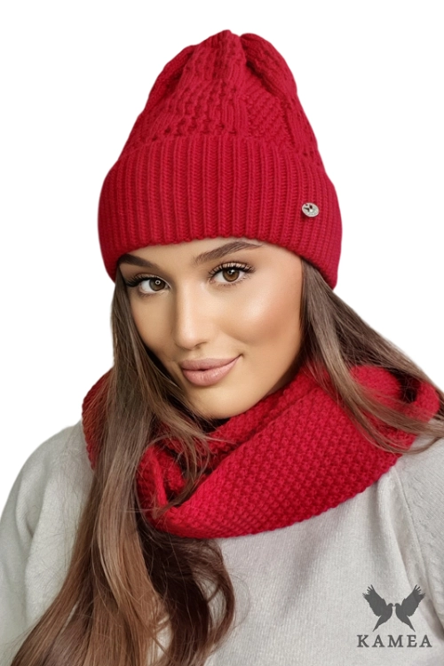 Safona-Komplet damski: czapka i komin Kamea zimowy, z wełną, ósemka 70 × 30 cm, kolor czerwony