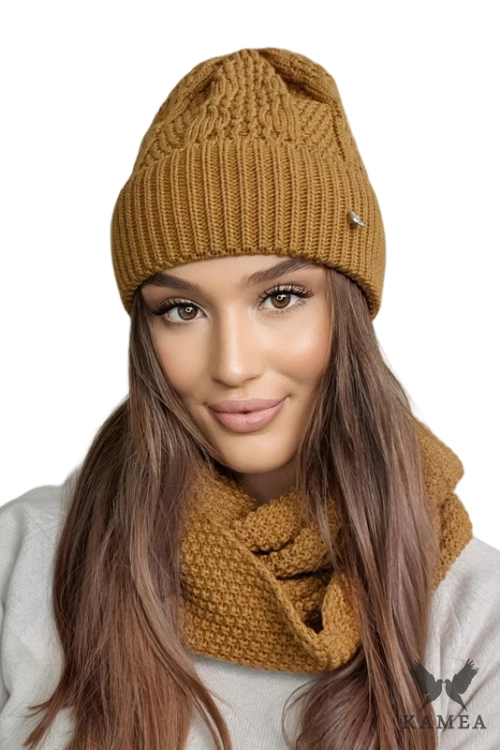 Safona-Komplet damski: czapka i komin Kamea zimowy, z wełną, ósemka 70 × 30 cm, kolor musztardowy