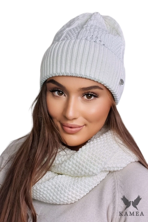 Safona-Komplet damski: czapka i komin Kamea zimowy, z wełną, ósemka 70 × 30 cm, kolor ekru