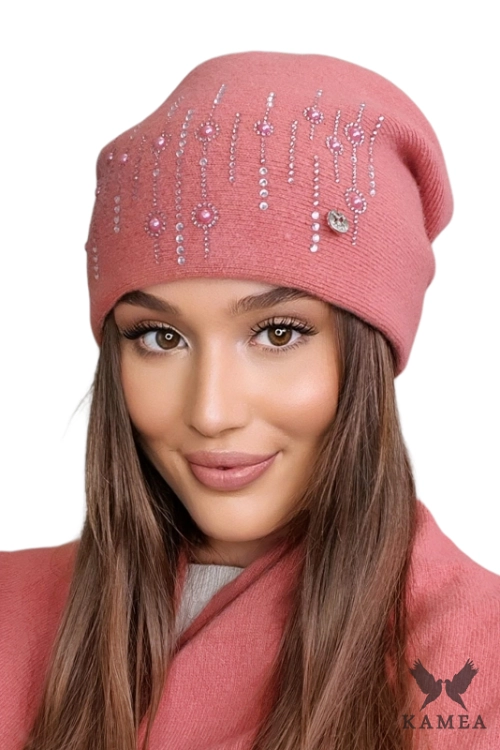 Eleni czapka damska Kamea zimowa, 80% wełny, rozmiar uniwersalny 54–60 cm, kolor koralowy