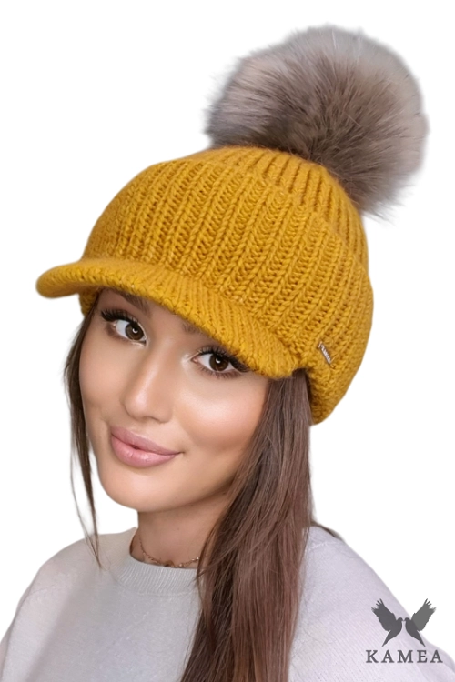 Amarylis czapka damska Kamea zimowa, z daszkiem, z alpaką i wełną, rozmiar uniwersalny 54–60 cm, kolor musztardowy