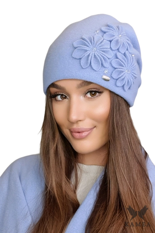 Jasira czapka damska Kamea zimowa, 80% wełny, rozmiar uniwersalny 54–60 cm, kolor błękitny