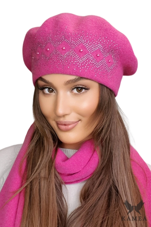 Ginger beret damski Kamea zimowy, 80% wełny, rozmiar uniwersalny 54–60 cm, kolor malinowy