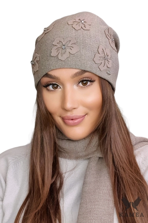 Naila czapka damska Kamea zimowa, kwiatowy motyw, z wełną, rozmiar uniwersalny 54–60 cm, kolor ciemny beżowy