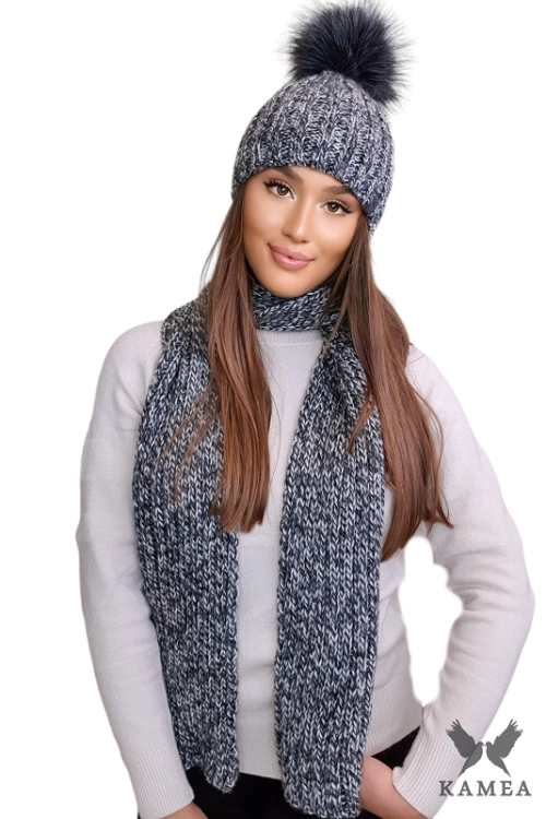 Wezyr-Komplet damski: czapka i szalik Kamea zimowy, z pomponem, z polarową podszewką, 50% wełny, 180 × 25 cm, kolor czarny
