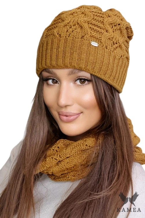 Kamila czapka damska Kamea zimowa, z wełną, rozmiar uniwersalny 54–60 cm, kolor musztardowy