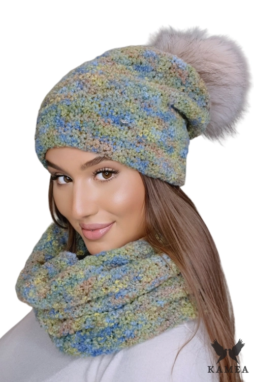 Fazila-Komplet damski: czapka i komin Kamea zimowy, 50% alpaki, tuba 33 × 37 cm, kolor melanż miętowy