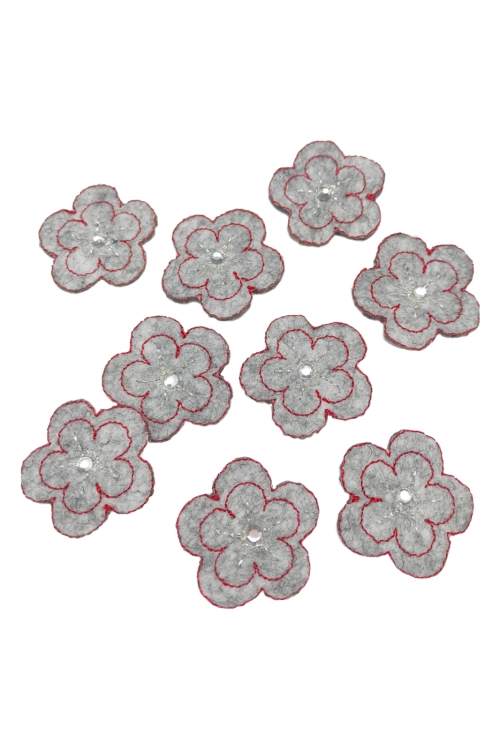 Kwiat filcowy z dżetem szary melanż-czerwony, 10 szt.