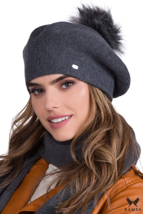 Dora beret damski Kamea zimowy, z wełną, rozmiar uniwersalny 54–60 cm, kolor grafitowy