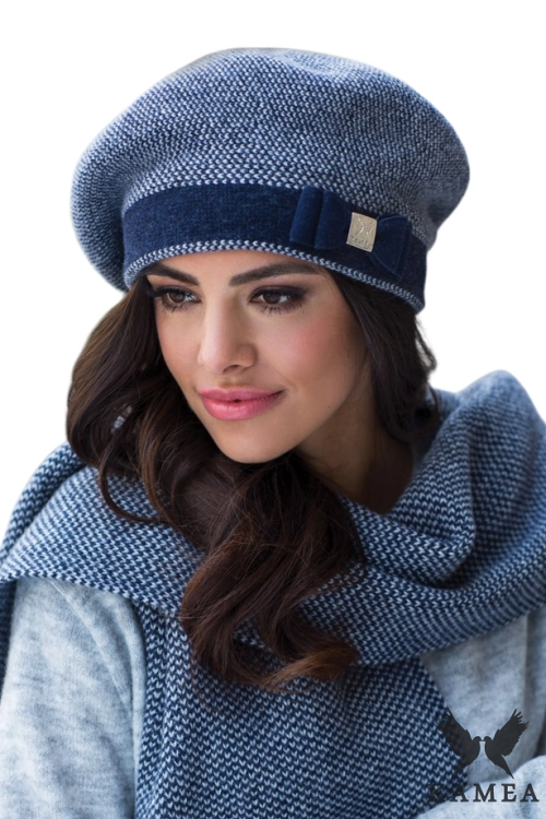 Tiona Beret damski Kamea zimowy, z kokardą, 90% wełny, rozmiar uniwersalny 54–60 cm, kolor granatowy