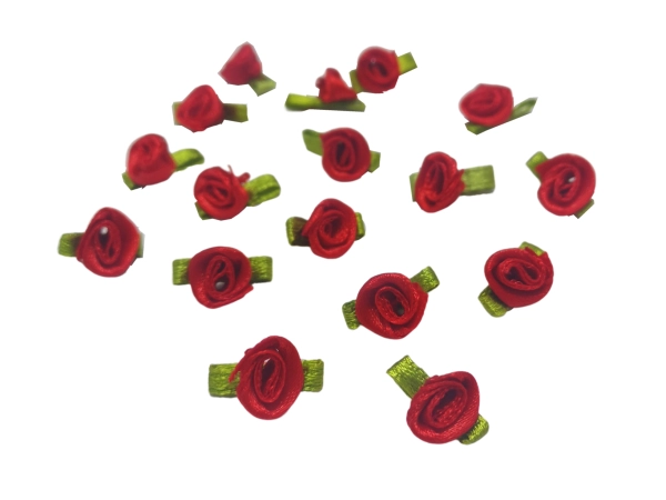 Kwiatki róże z satyny z listkiem czerwone, 1,5 cm, 10 szt.