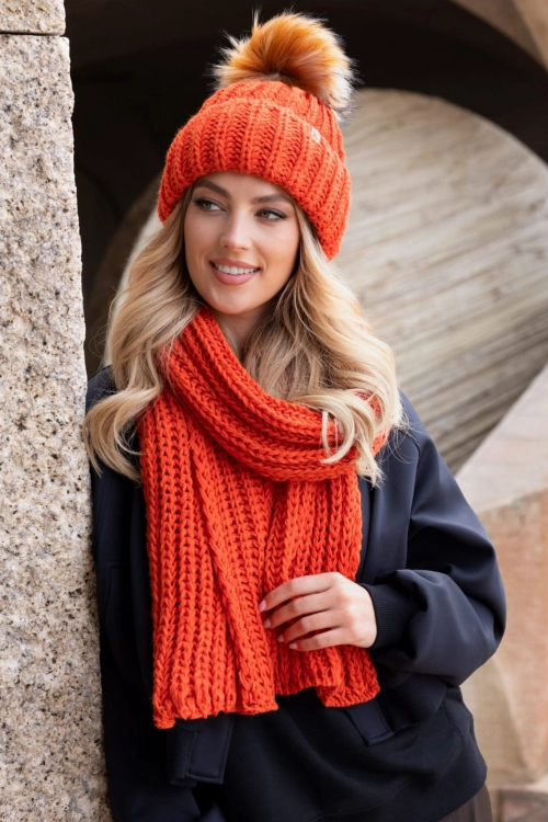 Nerea czapka unisex Kamea zimowa, gruby splot, z polarową podszewką, 50% wełny, rozmiar uniwersalny 54–60 cm, kolor pomarańczowy