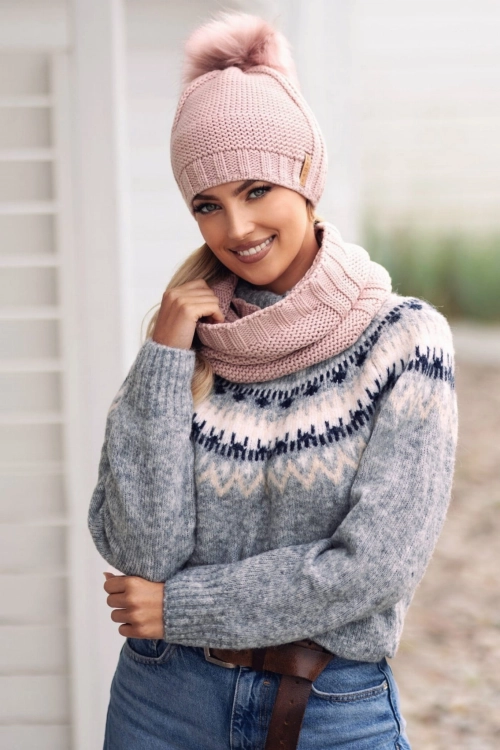 Fiona czapka damska Kamea zimowa, z pomponem, z polarową podszewką, z wełną, rozmiar uniwersalny 54–60 cm, kolor różowy