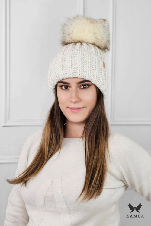 Nerea czapka unisex Kamea zimowa, gruby splot, z polarową podszewką, 50% wełny, rozmiar uniwersalny 54–60 cm, kolor ekru