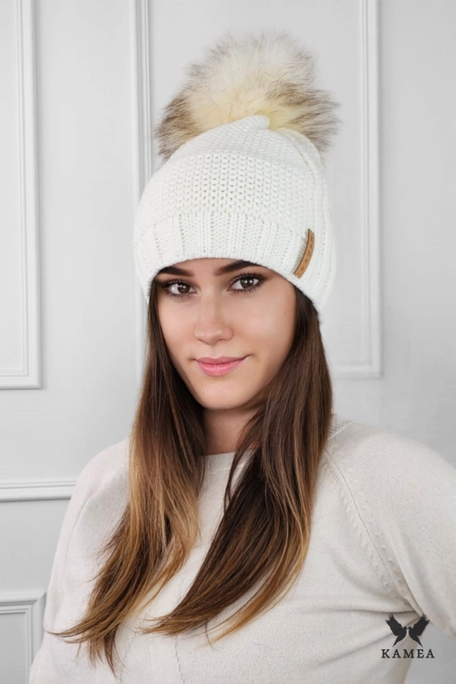 Fiona czapka damska Kamea zimowa, z pomponem, z polarową podszewką, z wełną, rozmiar uniwersalny 54–60 cm, kolor kremowy i biały