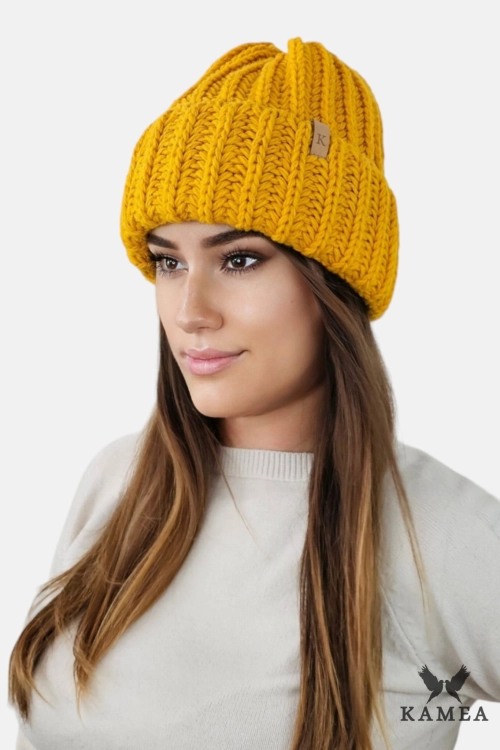 Landa czapka unisex Kamea zimowa, z polarową podszewką, 50% wełny, rozmiar uniwersalny 54–60 cm, kolor musztardowy