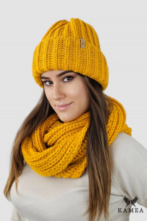 Landa Komplet damski: czapka i komin Kamea zimowy, z polarową podszewką, 50% wełny, ósemka 75 × 26 cm, kolor musztardowy