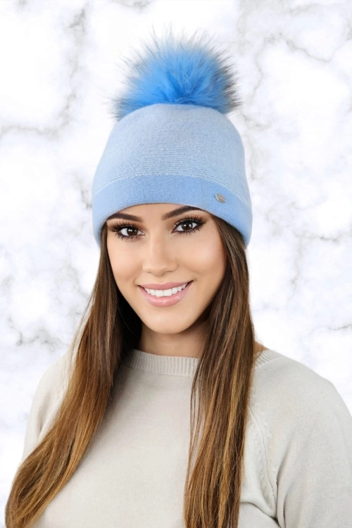 Aloes Naturalny Pompon czapka damska Kamea zimowa, 80% wełny, rozmiar uniwersalny 54–60 cm, kolor błękitny