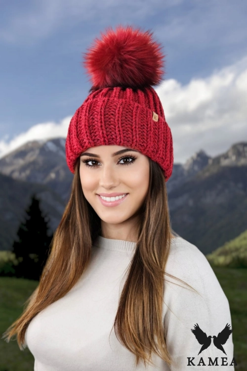 Nerea czapka unisex Kamea zimowa, gruby splot, z polarową podszewką, 50% wełny, rozmiar uniwersalny 54–60 cm, kolor czerwony