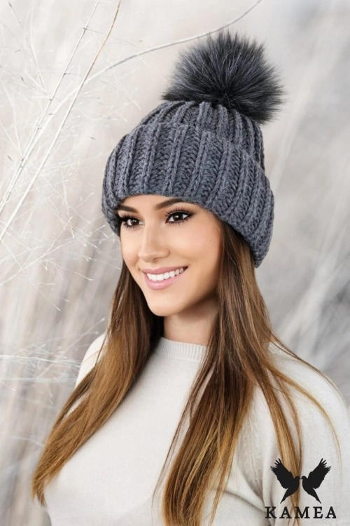Nerea czapka unisex Kamea zimowa, gruby splot, z polarową podszewką, 50% wełny, rozmiar uniwersalny 54–60 cm, kolor grafitowy