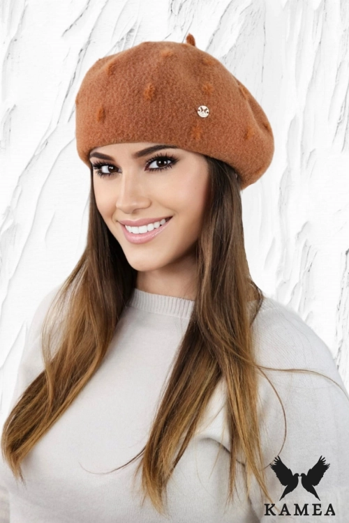 Linda beret damski Kamea zimowy, z antenką, rozmiar uniwersalny 54–60 cm, kolor rudy